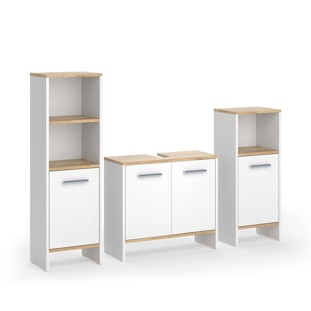 Vicco Ensemble de Meubles de Salle de Bains Karli, Chêne Blanc/Force de l'or, 131.4 cm, composé d’Un Meuble sous-lavabo, d’Une Armoire de Toilette et d’Une Colonne