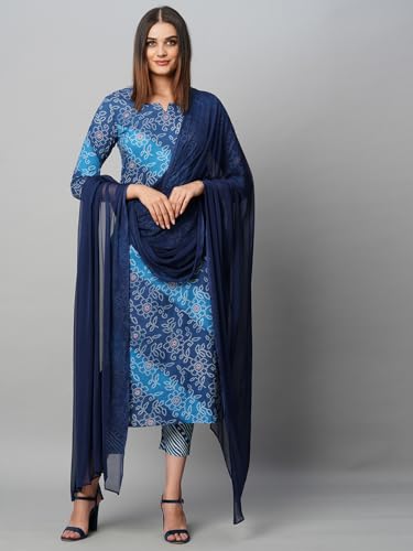 Image of GoSriKi Women's Cotton Blend Printed Straight Kurta with Pant & Dupatta