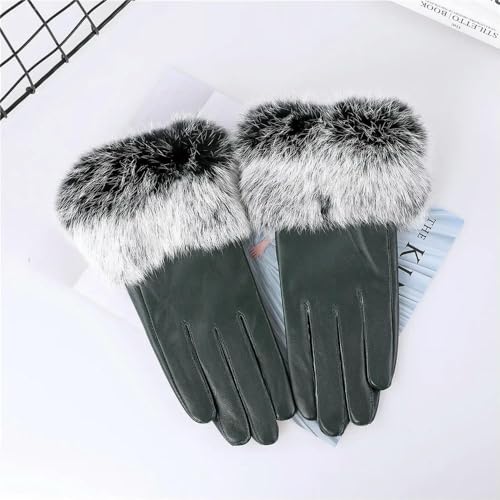 NYSDM Gants en Cuir de Mouton véritable pour Femmes avec Poignets en Fourrure de Lapin Gants Chauds de Cyclisme pour Femmes Doublure en Polaire