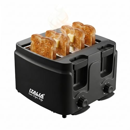Image of ITALIA 4-Slice Pop Up Toaster for Home Kitchen | 1400W Fast Heating Electric Bread Toaster Machine with 6 Browning Controls, Removable Crumb Tray & Cool Touch Body (Black, 1 Year Warranty)
