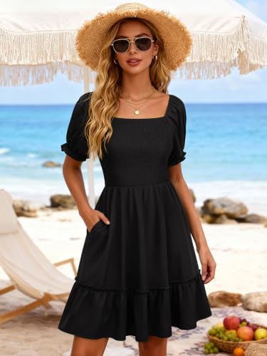 Image of Berydress Womens Summer Smocked Sun Dress Pockets 2026 Square Neck Dresses | Short Sleeve Sundress, Flowy A Line, Tiered Ruffle, Boho Beach Vacation, Casual, Going Out, Church, Western Outfits
