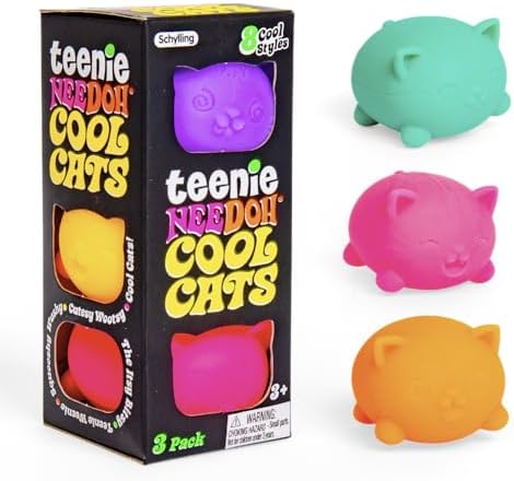 Schylling NeeDoh Teenie Cool Cat - Sensory Squeeze Toy - Contains 3 Mini Groovy Globs - 1.5" Wide - Color May Vary (Pack of 1)