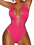EHSUYAB Sexy Women Plunge V One Piece Swimsuit,Cut Out Textured Cheeky High Cut Bathing Suit, Pool Party Monokini Rave Outfit Neon Pink Large