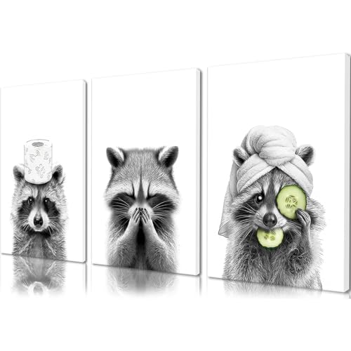 3 Juego de Cuadro Mapaches Baño Cuadros Decorativos Decoracion Baño Pósteres de Pared Para Baño Lmpermeables y Resistentes a Las Arrugas Apto Para Baño Sala de Estar y Oficina Sin Marco (21 * 30 cm)