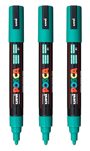 Image of posca PC-5M Water-Based Paint Markers, Reversible Medium Tip (1.8-2.5mm), Emerald Green, 3 Count