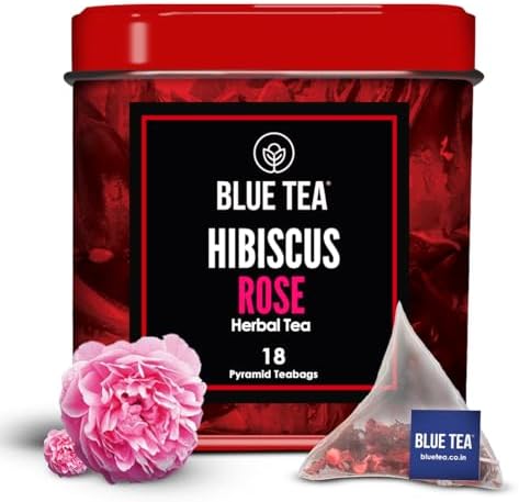 BLUE TEA - Hibiscus Tea - 18 Count - Rose - Pyamid Plant Based Tea Bag | SKIN GLOW ENHANCING TEA | Herbal Tea - Flower Based - Caffeine Free - Vegan - Gluten Free - Non-GMO | Tin Packaging