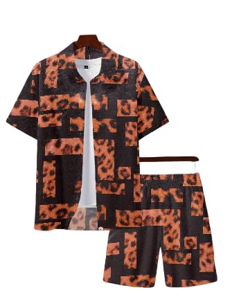 positive vibes with device of heart Men's Summer Set, Geometric Leopard Tiger Print Shirt and Shorts, Orange and Black, Short Sleeve, 2-Piece Casual Outfit-picture-39
