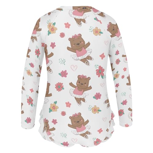 Little Bear Ballet Pattern Girls Long Sleeve Swimsuit Rash Guard One Piece Bathing Suits Zipper 3-12T3