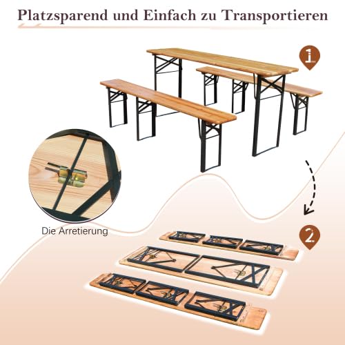 Set per panchina da birra con tavolo pieghevole, 3 pezzi, pieghevole, resistente alle intemperie, per terrazze e campeggio, legno di pino, 177 x 46 x 78 cm