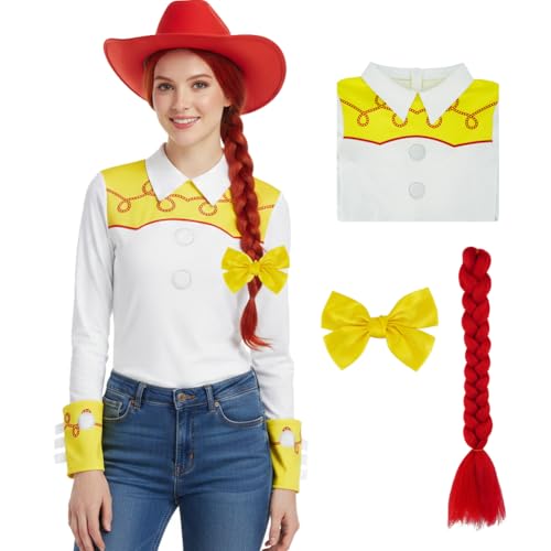 PAINEOMN Jessie Costume Women Cowgirl T-shirt for Adult with Wig Braid Bowknot Halloween Cosplay Long Sleeves Top Outfits L