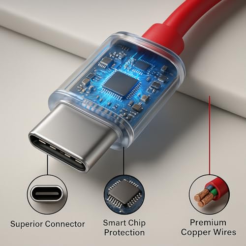 Image of Type C Cable Fast Charging - 80W | Warp /Dash Charge Compatible with All OnePlus & Type C Devices | USB A to Type C Cable | Fast Data Sync & Smart Protection Chip for Safe Power Control - Red