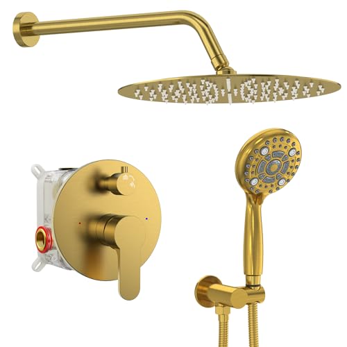 Image of SR SUN RISE Shower Faucet - Multifunctional High Pressure Shower Head System with Handheld Shower Head Fixtures - Valve Included (Brushed Gold, 12 inch)
