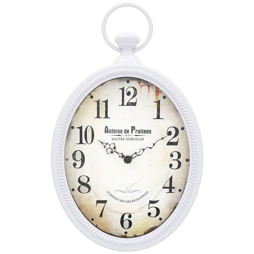 Palimder Small Retro Oval Wall Clock, Vintage Style, Antique Design, Silent Decor for Kitchen, Bedroom Wall Clock (White)
