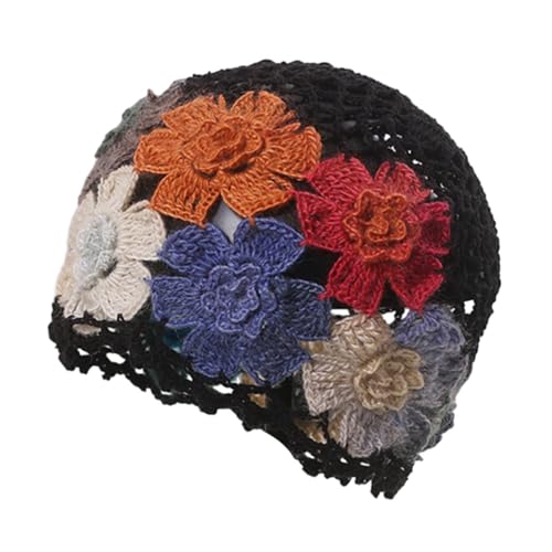 Colaxi Flower Crochet Beanie Lightweight Elegant Cutout Floral Hat for Summer Beach, Black