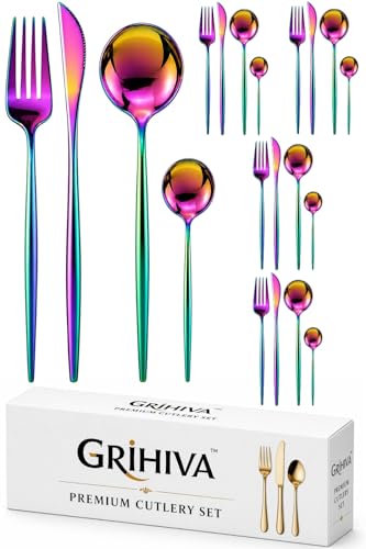 Image of 20 Pcs Rainbow Slim Handle Stainless Steel Cutlery Set for Dining Table with Spoons and Forks Set + Butterknives - The Perfect Tableware /Flatware