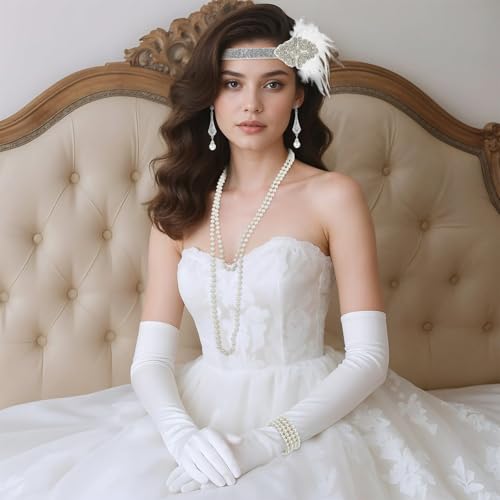 5Pcs 1920s Accessories Set for Women Flapper Costume, Fashion Vintage Roaring 20s Costumes for Women with Feather Headband, Faux Pearl Necklace Bracelet, Earrings, Cloth Gloves Beige - Thumbnail 5