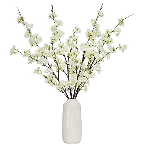 Sunm Boutique 4Pcs Artificial Cherry Blossom Flowers, 42.9" Faux Cherry Blossom Branches, Cherry Blossom Stems for Wedding, Office, Party, Hotel, Yard, Home, Decoration, White Cover