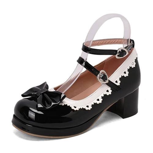 Zapatos de tacón para mujer, diseño de encaje floral, colección de primavera, color contrastante, con lazo de contraste, estilo festivo, para oficina, 01 Negro, 41 EU