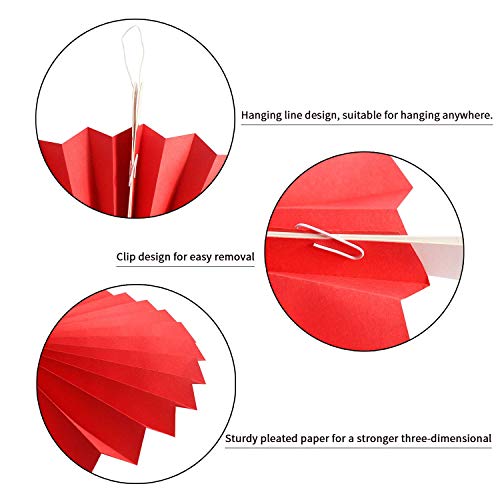 Image of 6 pcs Red Hanging Paper Fans for Birthday Anniversary Bridal Shower Baby Shower Colorful Patterns Party Fans for Party Decoration Christmas Diwali & Wedding Decor (Pack of 6, Red)
