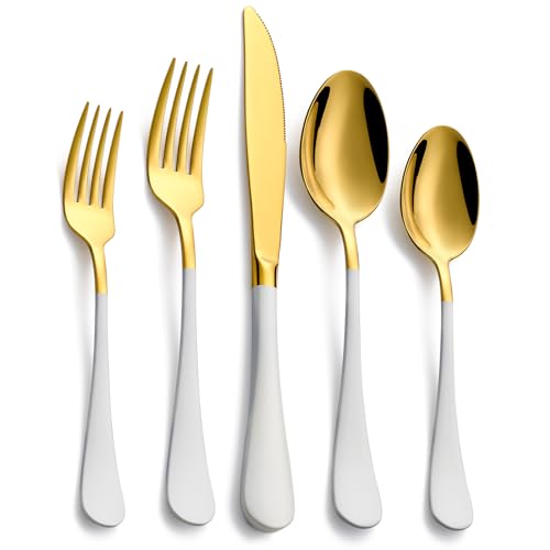 Moxinox 20-Piece White & Gold Silverware Set, 18/0 Stainless Steel Colorful Handle Flatware Set,Service for 4,Modern Cutlery Set Includes Dinner Knives Forks Spoons,Mirror Polished,Dishwasher Safe