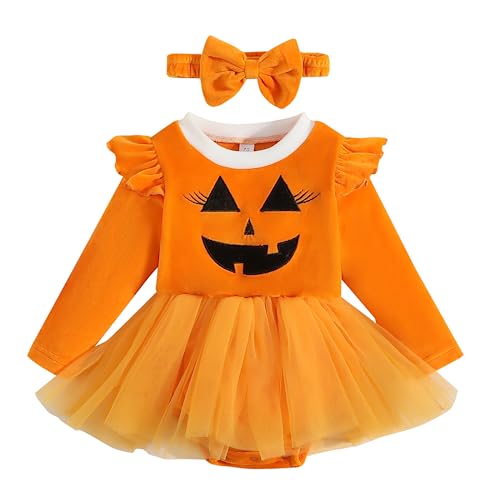 XuKoccYiee My 1st Halloween Newborn Baby Girl Pumpkin Romper Dress Tutu Onesie Infant Halloween Outfits Fall Winter Clothes