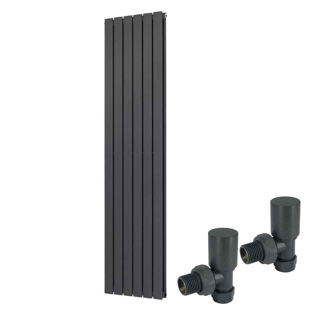 Warmehaus Anthracite 1600 X 410Mm Double Flat Panel Vertical Radiator With Angled Valves