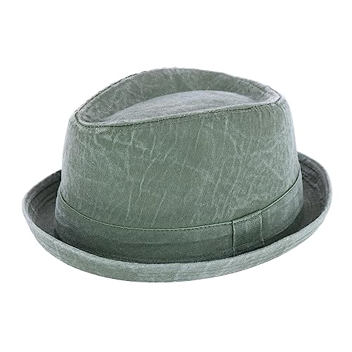 Epoch hats company Men's Washed Denim Cotton Fedora Hat, Small/Medium, Olive