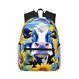 FRESQA Modischer Freizeitrucksack mit schönem Erdbeerdruck, multifunktional, ideal für den Außenbereich, Kuh mit Sonnenblumen in Blau, One size