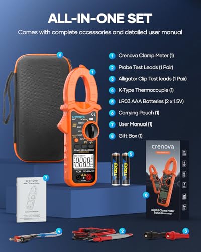 Crenova Klemme Meter, TRMS Digitales Stromzange, 6000 Counts Strommesszange, Strommessgerät für AC/DC Strom/Spannung Widerstand Kapazität Frequenz Temperatur Durchgang Diode NCV Live Draht Tester