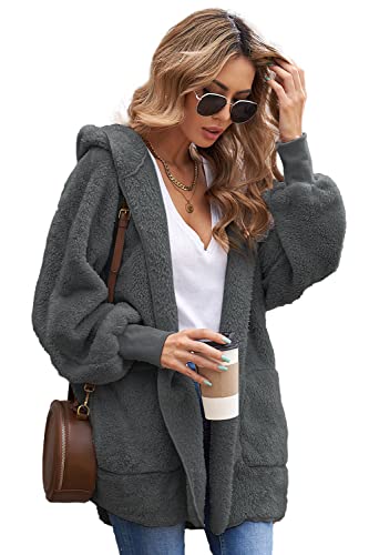 Tuopuda Mujer Chaqueta Cárdigan con Capucha Fleece Mujer Sudadera Caliente y Esponjoso Tops Mujer Talla Grande Outwear con Bolsillos de Invierno(Gris Profundo,M)
