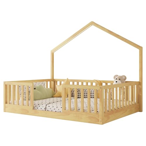 KEIKI Full House Shaped Floor Bed, Kids Montessori Platform Bed Frame with Light & Tall Rails, Solid Beds Frames Full-Size for Boys Girls Bedroom, No Box Spring Needed, Easy Assembly, Brown by KEIKI - Used condition - Image 5