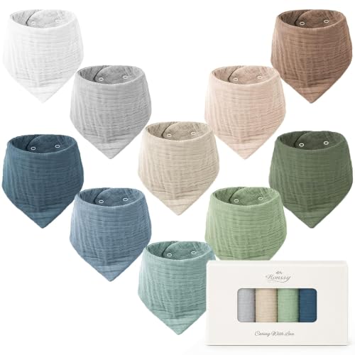 Image of Konssy 10 Pack Baby Muslin Bandana Bibs for Drooling and Teething | 100% Cotton, 6-Layer Bibs, Pre-Washed Soft & Absorbent, Adjustable Neck Fit, Boys & Girls 0-36M