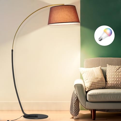ShineMuse Bogenlampe Wohnzimmer Stehlampe,15W RGB-Glühbirne dimmbar,190cm Groß Vintage Stehlampe Schwarz Gold, Boho Stehleuchte, Fußschalter