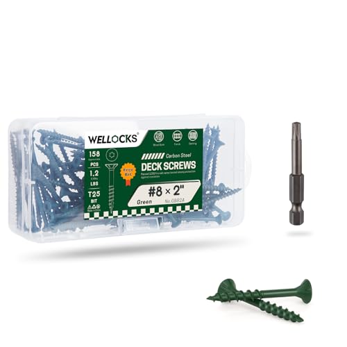 Image of WELLOCKS #8 x 2 in Green Deck Screws, 1.2 lbs with T25 Bit | Green Epoxy Coated Screws with T25 Bit for Outdoor Fences, Decks, Trim, and Treated Lumber.