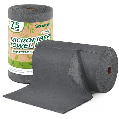 SOOWASH Microfiber Cleaning Cloths Roll, 75 Pack Tear Away Microfiber Towels Roll, 12