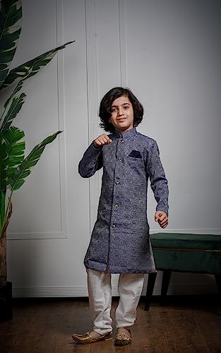Image of Amzira Men's Soft Cotton Indo Western Kurta Pyjama Set with Mandarin Collared Neck Long Sleeves Button Closure and Solid Pant