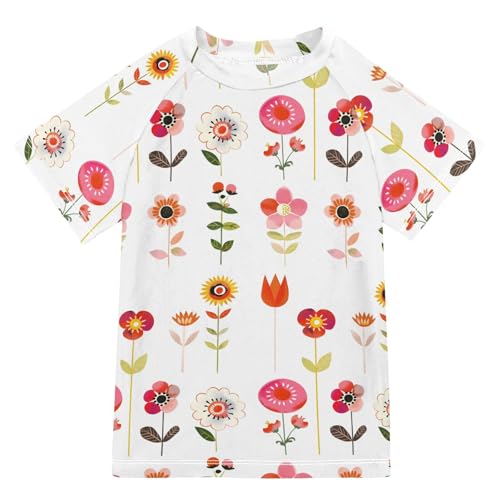 ALAZA Kids Rash Guard Girls Toddler Swim Shirts Short Sleeve Stick Figure Flowers UPF 50+ 3T