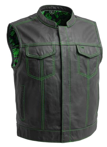 First Mfg Co - The Club Cut - Leather Motorcycle Vest For Men, Club Style Biker Vest, Milled Cowhide, Easy Access for Patches - Black Green - Large