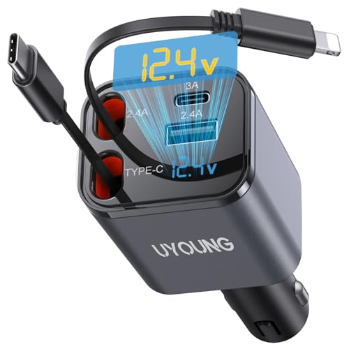 iPhone Car Charger Retractable Fast Phone Chargers, 4 in 1 Car Charger Cigarette Lighter Adapter with 2 Cables 30 Inch and 2 USB Ports, for iPhone 17/16/15/14/13/Pro, Gifts for Women Men-[Upgraded]