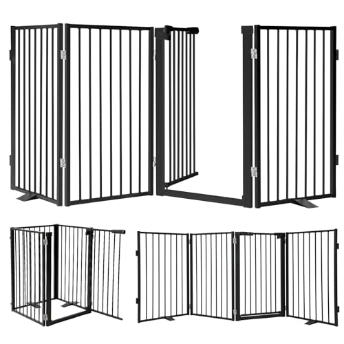 Snagle Paw Metal Freestanding Dog Gate with Door, 80” W x 32” H Dog Fence with Support Feet for Doorways, Stairs and Hallways, Portable Pet Gate for Indoor Use (4 Panel, Black) Black 4 Panel