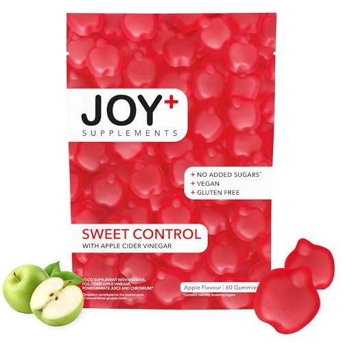 JOY+ - SWEET CONTROL - Gominolas para el Control de Glucosa con Vinagre de Manzana, Cromo, Ácido Fólico, Vitaminas B6 y B12. Sabor Manzana. 60 Gummies. Sin Azúcares añadidos