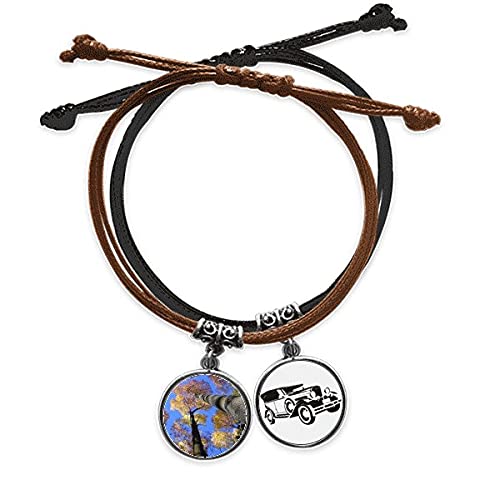 Cadeau idéal : bracelet corde main rouge et feuilles en cuir nature
