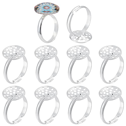 PH PandaHall 10pcs Adjustable Ring Blanks Blank Ring Silver Bezel Tray Ring Jewelry Finding Rings Ring Base Pad with 14mm Glass Cabochons for DIY Ring Jewelry MakingWedding Birthday Gift