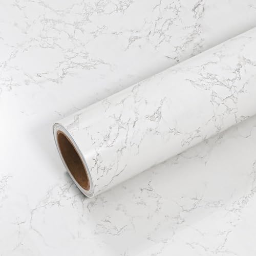 VEELIKE 15.7''x118'' White Grey Marble Countertop Contact Paper Matte Marble Wallpaper Peel and Stick Countertops for Kitchen Waterproof Self Adhesive Countertop Vinyl for Bathroom Furniture Table