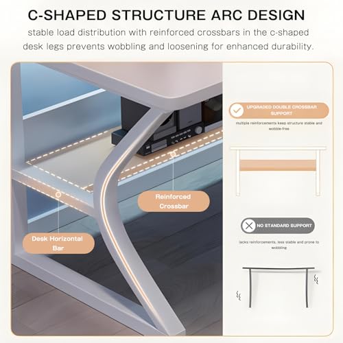 Computer Desk 55.1 Inch with Storage Shelf, Modern Study and Student Desk, Small Gaming PC Writing Table for Bedroom, Apartment, or Home Office, White - Image 4