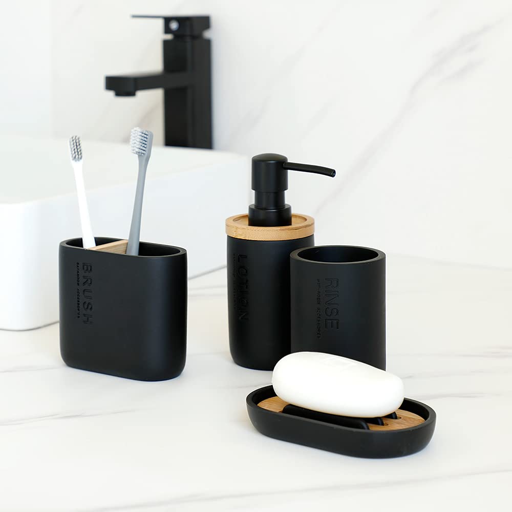 zhanwang Zeepdispenserset bamboe, inclusief decoratieve zeepschaal met hout- en bamboeaccessoires, tandenborstelhouder, en zeepdispenser (zwart