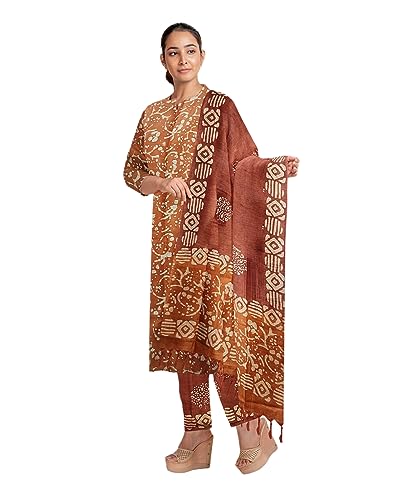 Image of STB-SILK TEXTILES BHAGALPUR Women's Bhagalpuri Cotton Silk Batik Print Unstitched Salwar Suit Dress Material With Dupatta | Dress Material For Women's & Girls (Rust)