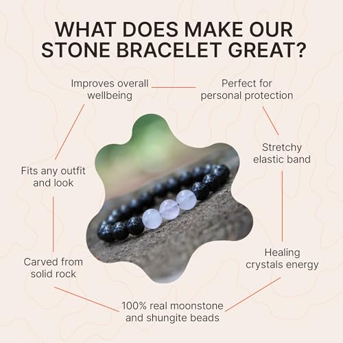 Karelian Heritage Shungite & Moonstone Stretchy Stone Bracelet for Women | Authentic Shungite Crystal Jewelry | Protective Powerful Defender Stone Bracelet | Healing Crystal BO313