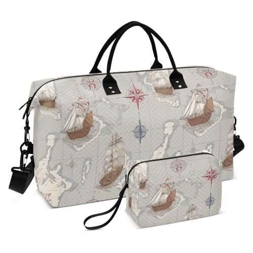 Funny Sailing World Map Large Travel Duffle Bag Weekender Overnight Bags Gym Yoga Bag for Women Men with Toiletry Bag