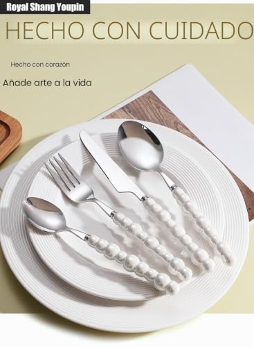 Miniatura 7 de Perla Mango De Cerámica Cocina Acero Inoxidable Cubiertos Vajilla Cubiertos Juego De Cubiertos Hotel Creativo Cuchillo De Carne Para El Hogar Cuchara De Postre Rosa,16 Piezas